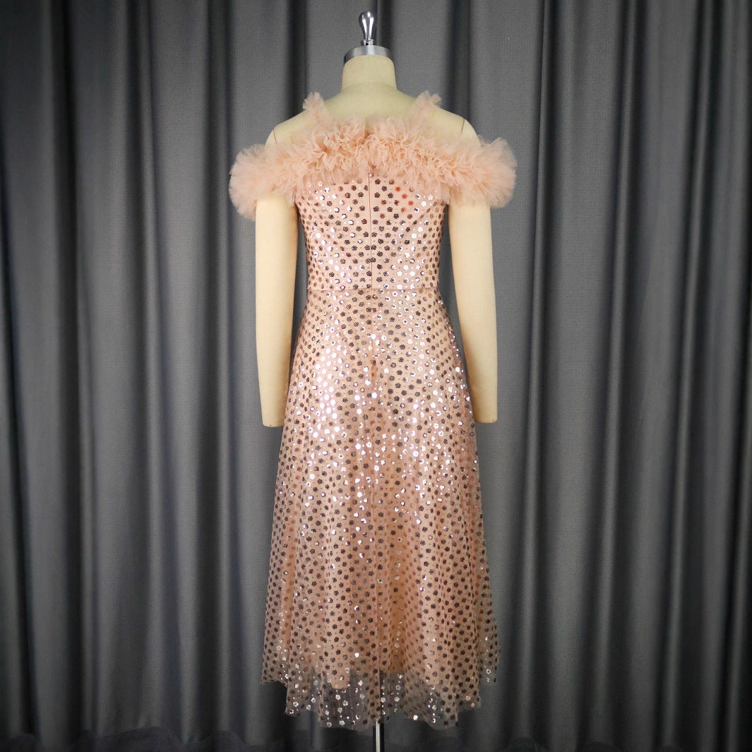 Damen Festliches Abendkleid mit voluminösen Rüschendetails und zartem Glitzer R&B