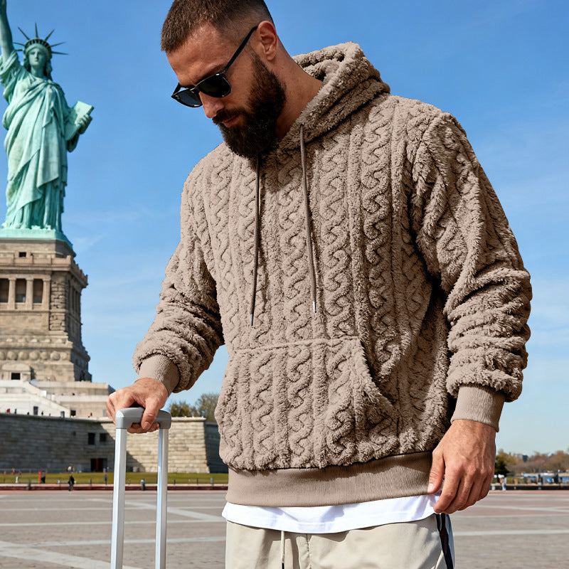 Herren nan Kuscheliger Sherpa-Hoodie mit Zopfmuster, Kängurutasche und Rippbündchen R&B