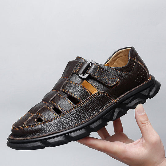 Herren offene Leder-Sandalen mit praktischem Klettverschluss und rutschfester Sohle R&B