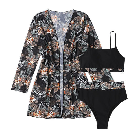 Damen Bikini-Set mit floralem Hohe-Taillenslip und passendem Kimono R&B