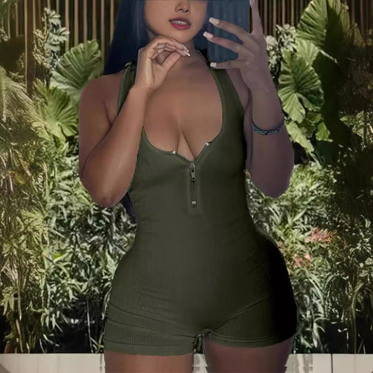 Damen Jumpsuit mit tiefem V-Ausschnitt und Reißverschluss R&B