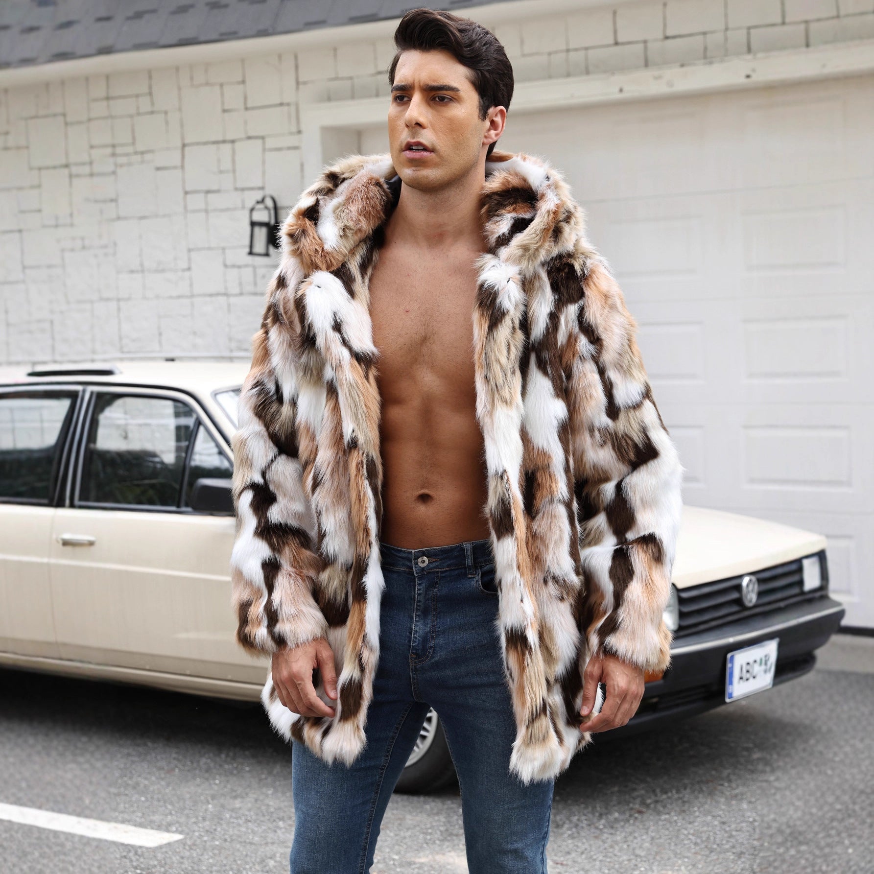 Herren Eleganter Kunstpelz-Mantel mit auffälligem Tiermuster R&B