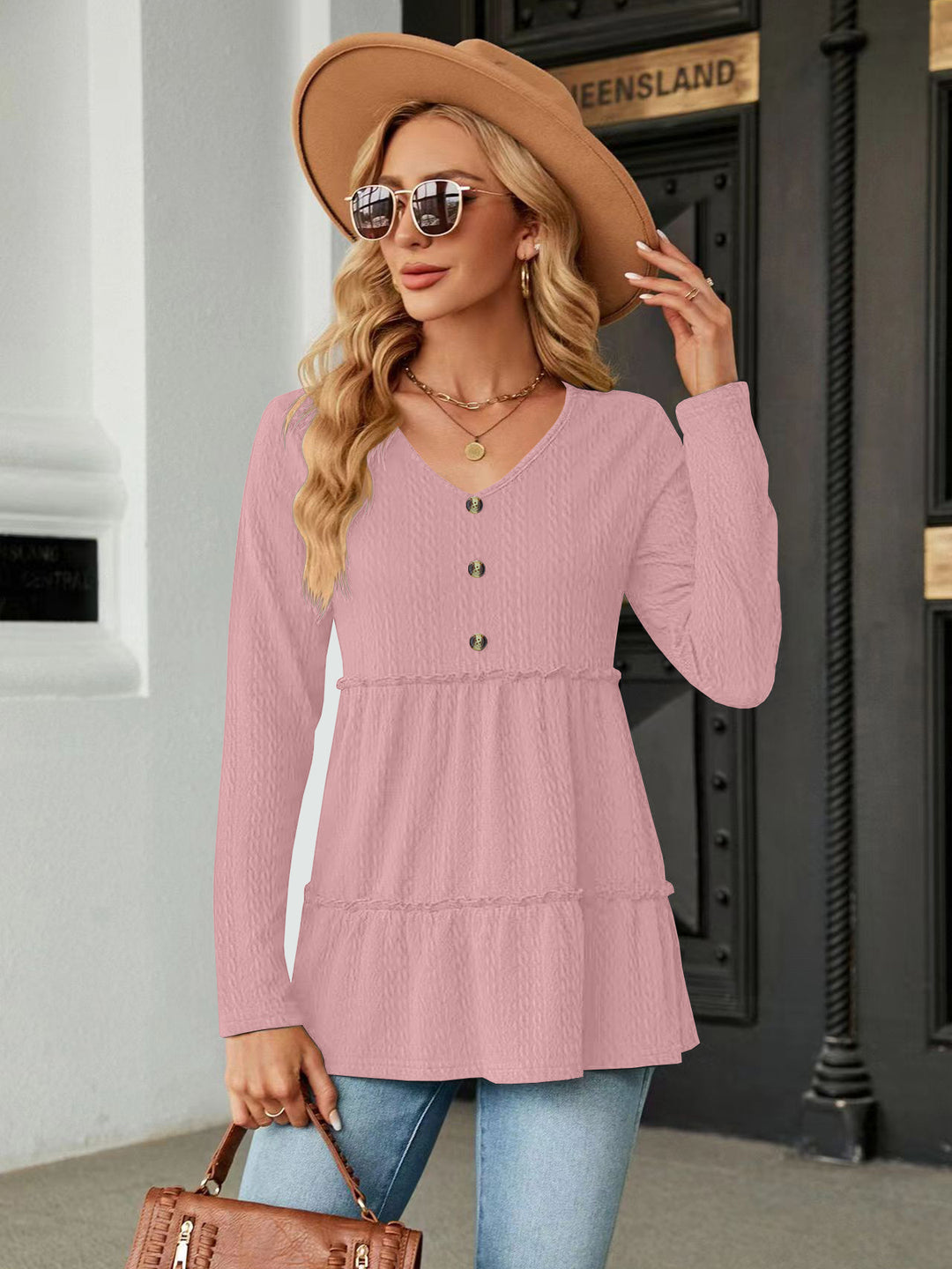 Damen Langarm Tunika mit Knopfdetail und Volant R&B