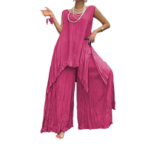 Damen nan luftiger Knitteroptik-Zweiteiler mit ärmelloser Tunika und weiter Palazzo-Hose R&B