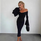 Damen Elegantes Langarmkleid mit weiten Ärmeln und Schlitz R&B