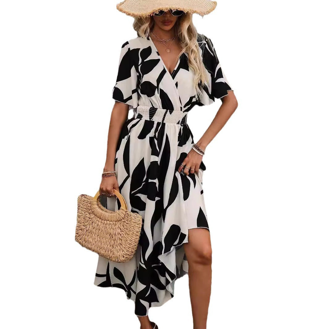 Damen Wickelkleid mit V-Ausschnitt und elastischem Taillenbund R&B