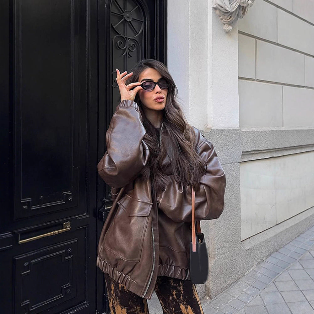 Damen Oversized Kunstlederjacke R&B