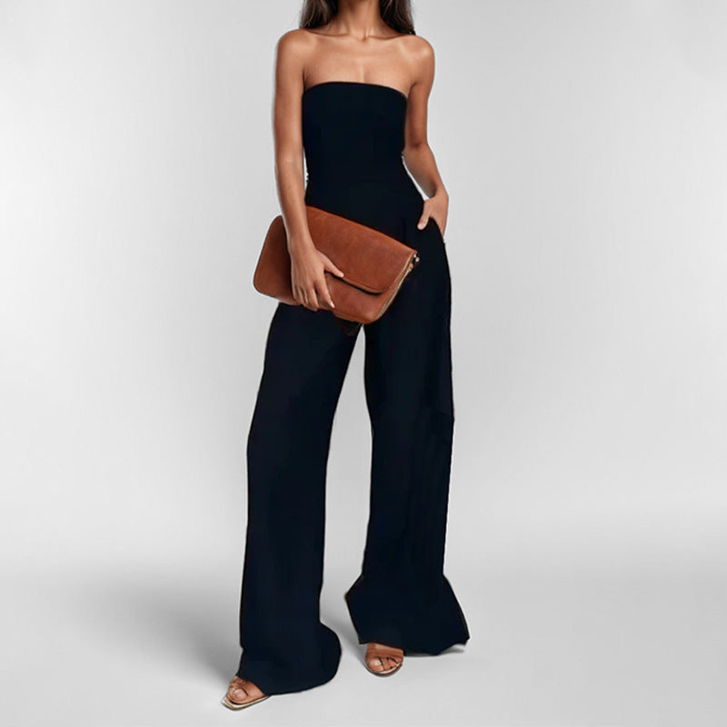 Damen elegantes Maxi-Jumpsuit mit schulterfreiem Design und praktischen Seitentaschen R&B