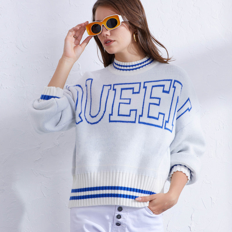 Damen sportlicher Pullover mit hohem Kragen und modischem Schriftzug R&B