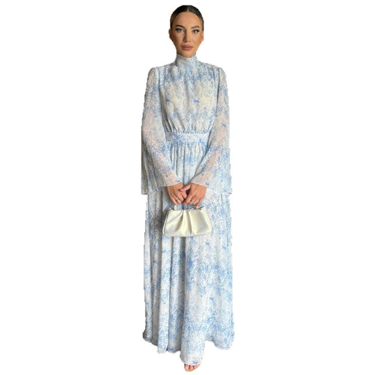 Damen Maxikleid mit transparenten Ärmeln und eleganter Blütenstickerei R&B