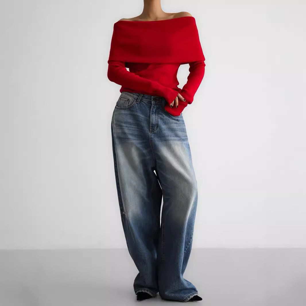 Damen Elegantes Off-Shoulder Oberteil mit geschmeidiger Textur und ausgestellten Ärmeln R&B