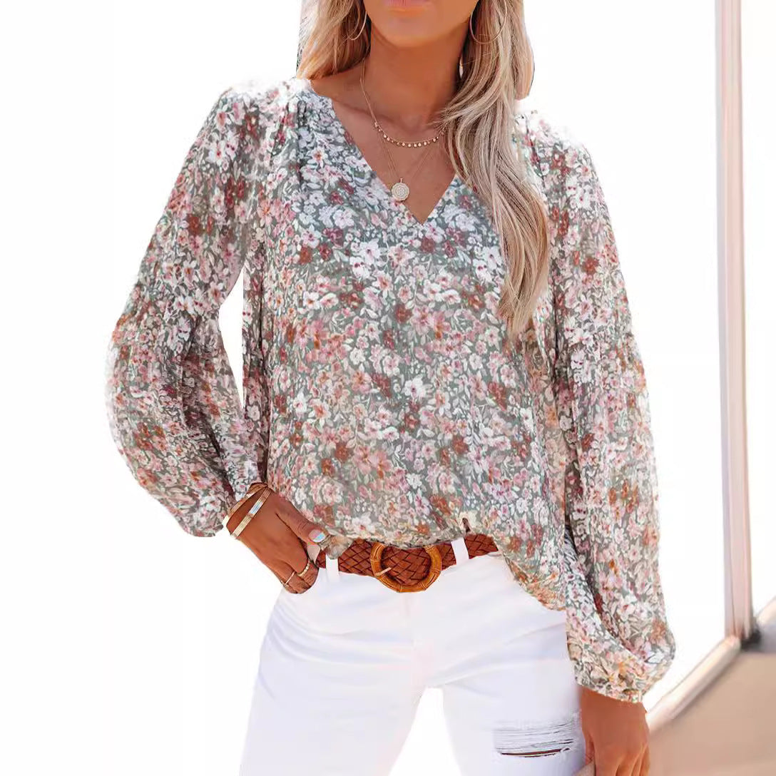 Damen Bluse mit floralen Mustern und V-Ausschnitt R&B