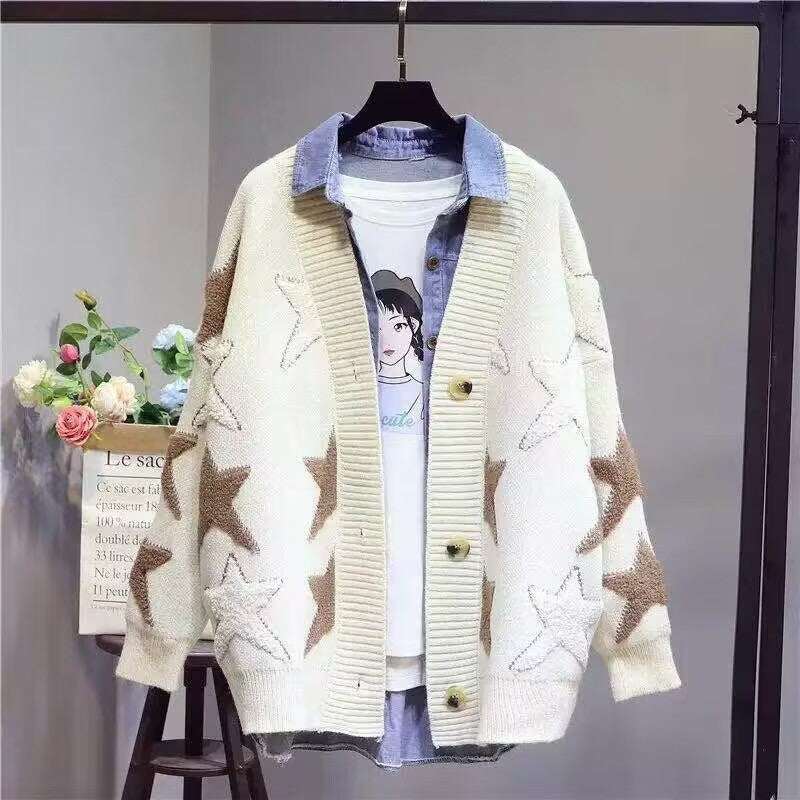 Damen Grobstrick-Cardigan mit Sternenmuster und tiefem V-Ausschnitt R&B