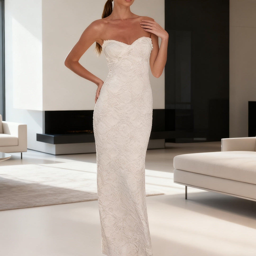 Damen Elegantes Spitzen-Maxikleid mit figurbetontem Design und süßem Rückenausschnitt R&B