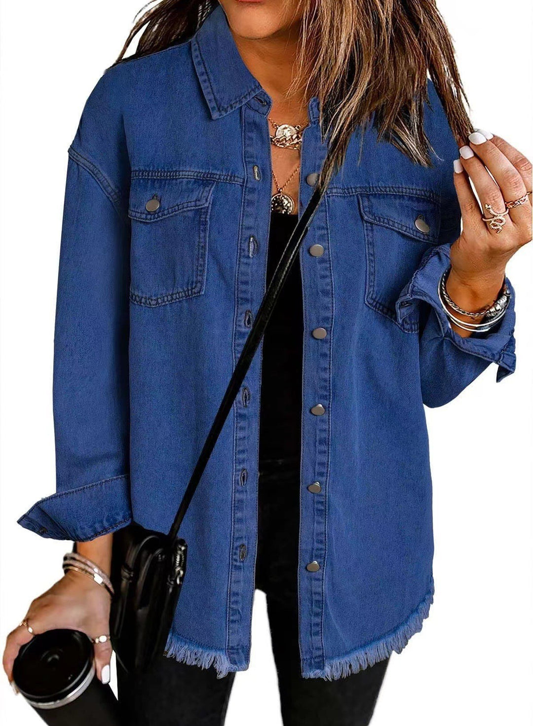 Damen Denim Overshirt mit fransigem Saum und Brusttaschen R&B