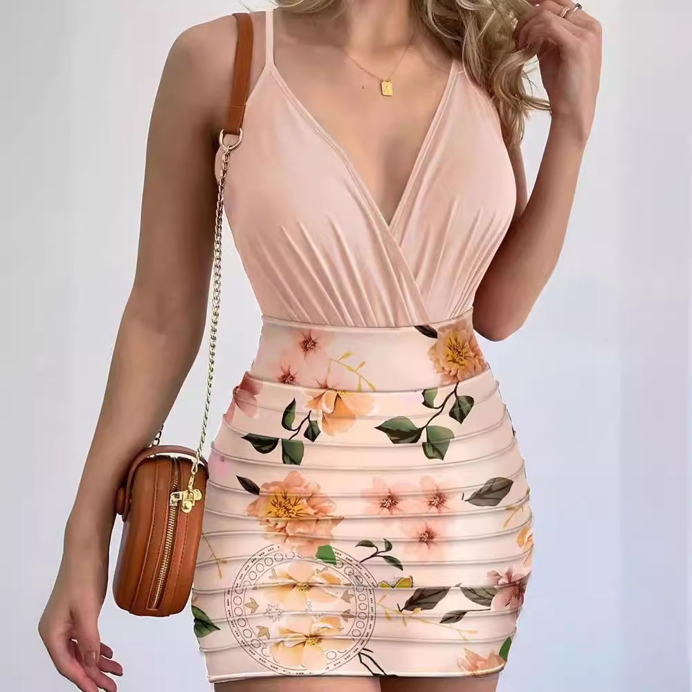 Damen Figurbetontes Minikleid mit floralem Design und tiefem V-Ausschnitt R&B