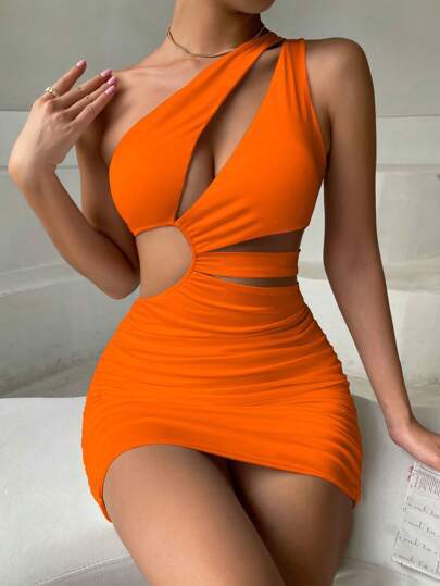 Damen Cut-Out Minikleid mit asymmetrischem Design und Bund-Details R&B
