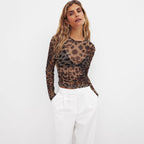 Damen langärmliges Shirt mit transparentem Leopardenmuster R&B