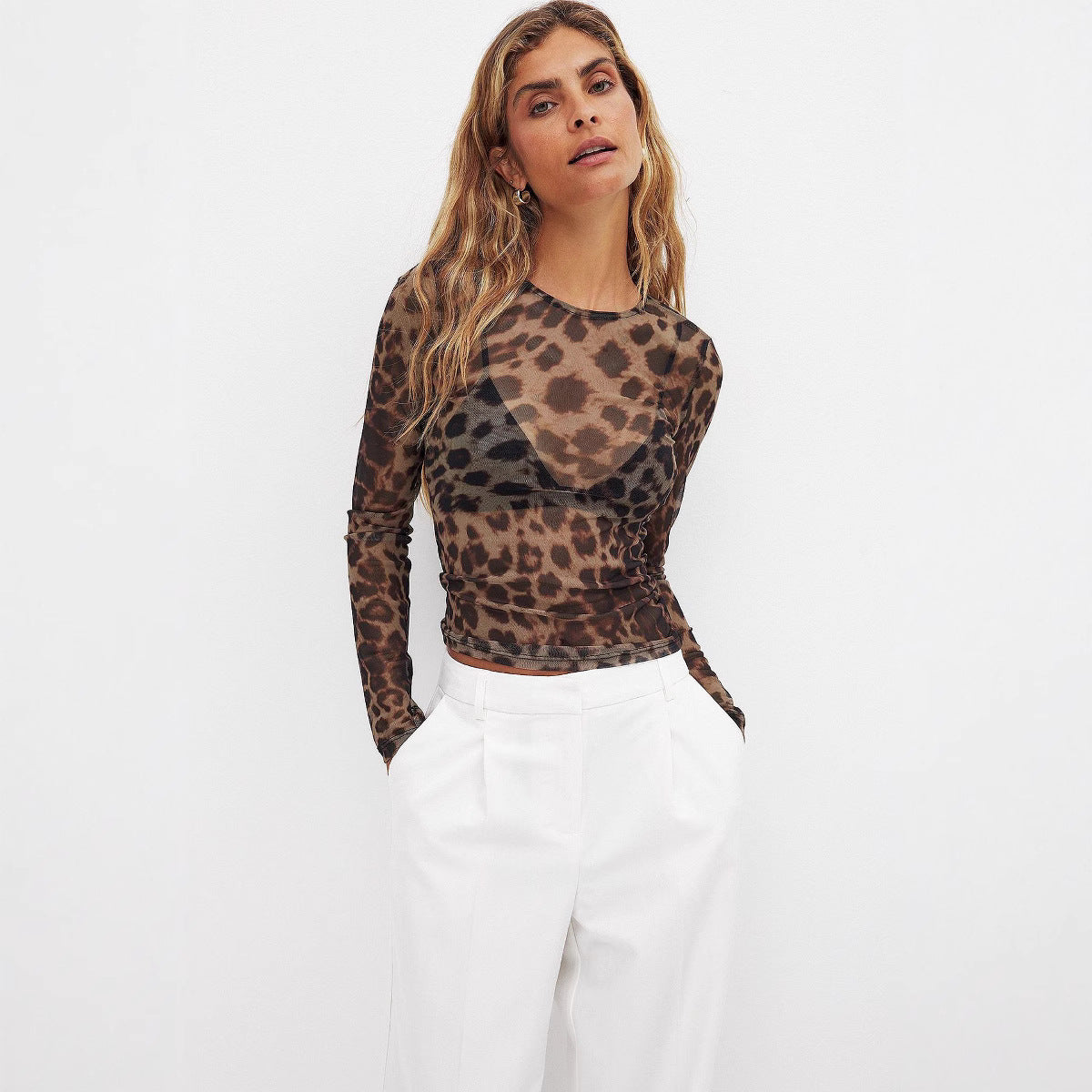 Damen langärmliges Shirt mit transparentem Leopardenmuster R&B