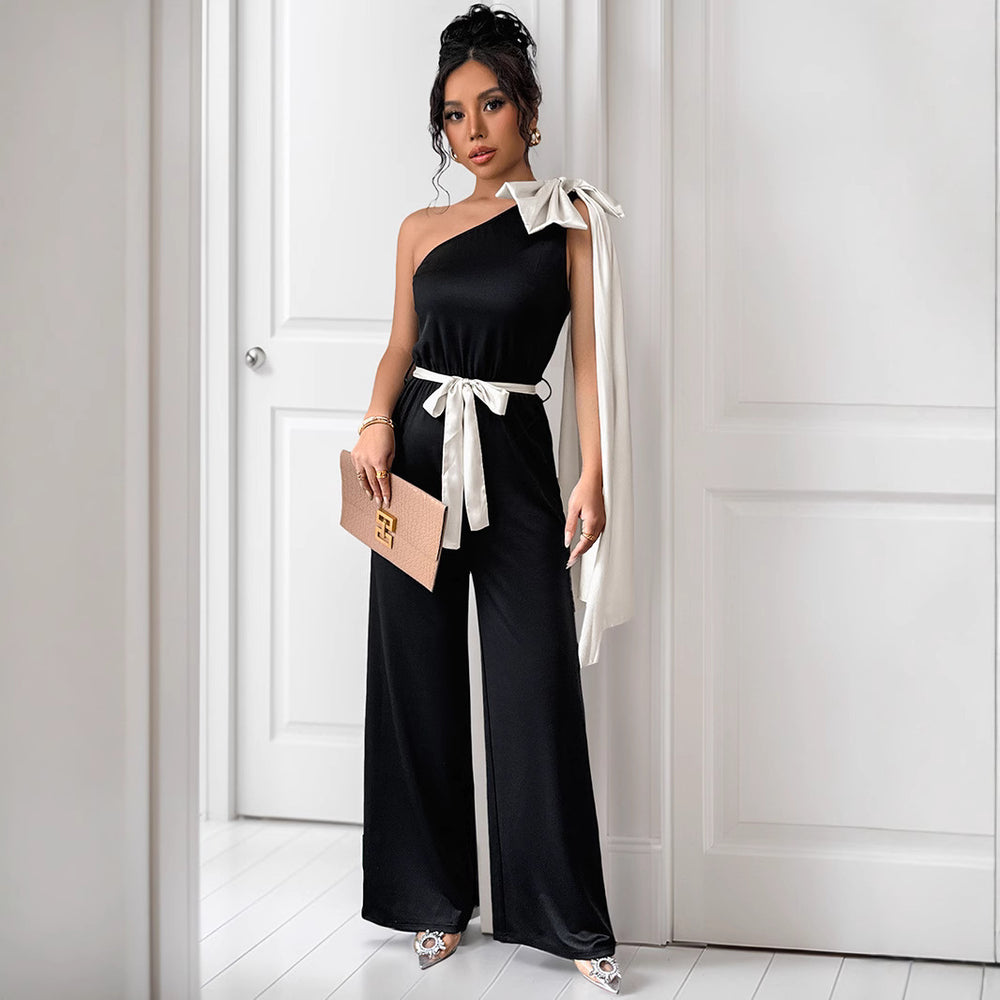 Damen eleganter Jumpsuit mit asymmetrischem Ausschnitt und dekorativem Taillengürtel R&B