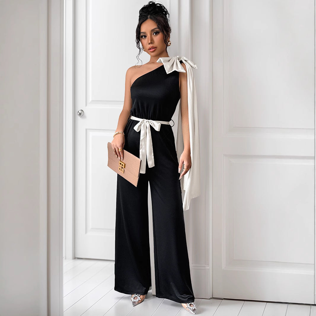 Damen eleganter Jumpsuit mit asymmetrischem Ausschnitt und dekorativem Taillengürtel R&B