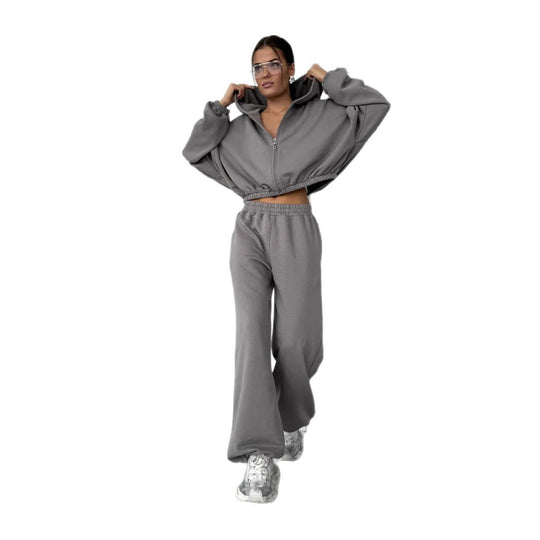 Damen lässiges Sweater-Set aus cropped Hoodie und bequemer Hose mit elastischem Bund R&B