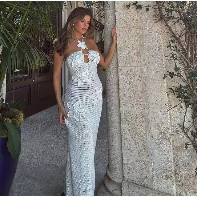 Damen Strickmaxikleid mit floralem Einsatz und schulterfreiem Design R&B