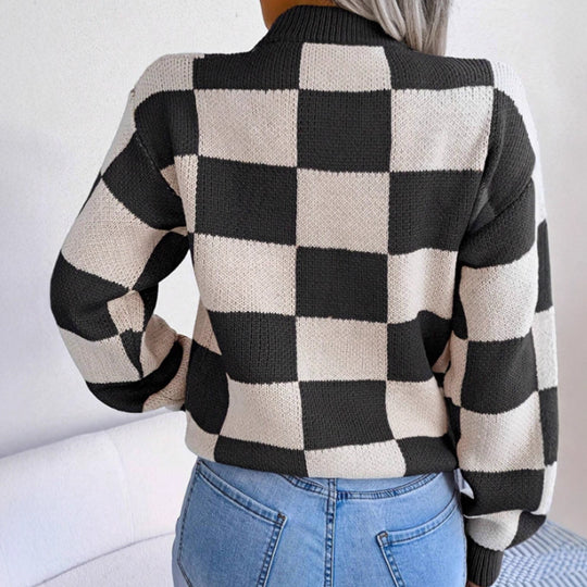 Damen Gemusterter Strickpullover mit Karomuster und modischem Rundhalsausschnitt R&B