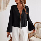 Damen lässige Bluse mit tiefem V-Ausschnitt und schnürbarem Detail R&B