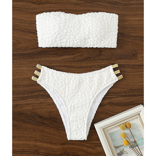Damen Bandeau-Bikini mit dekorativen Riemen und strukturiertem Oberteil R&B