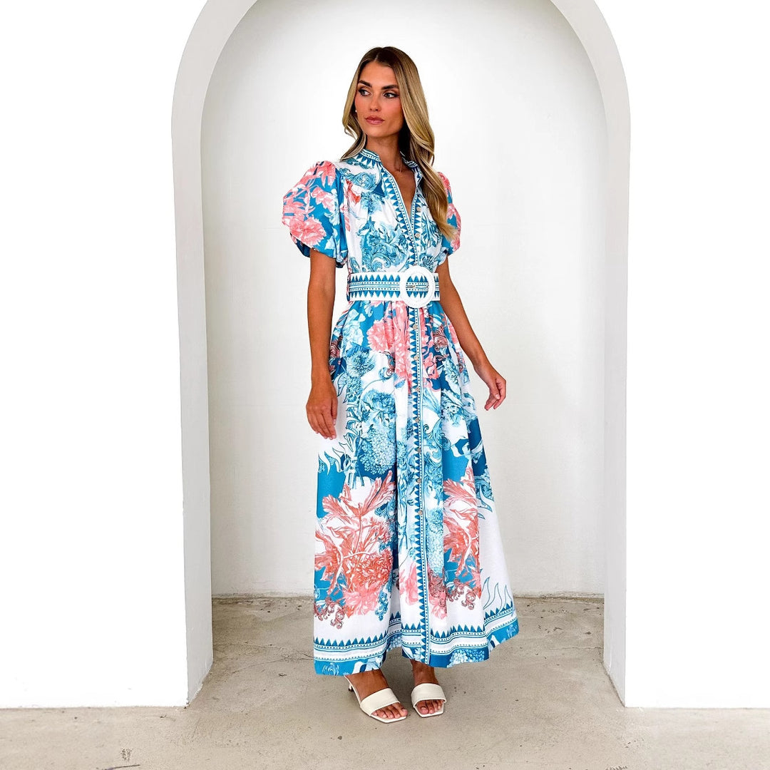 Damen Maxikleid mit voluminösen Puffärmeln und zartem Blumenmuster R&B