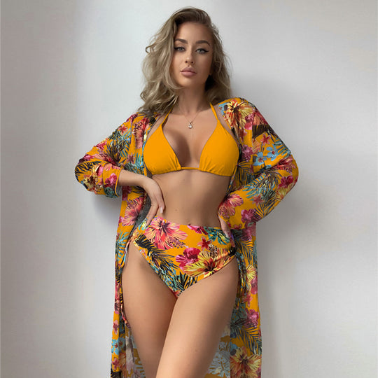 Damen Hochtaillierter Bikini mit floralem Cover-Up R&B