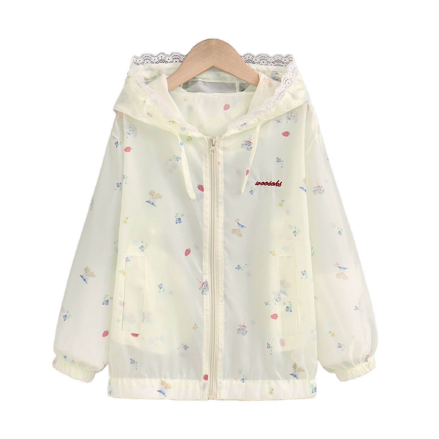 Damen nan leichte Kapuzen-Sommerjacke mit Spitzenbesatz, zartem Allover-Print und Reißverschluss R&B
