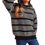 Damen lässiger Strickpullover mit breiten Streifen und überschnittenen Schultern R&B