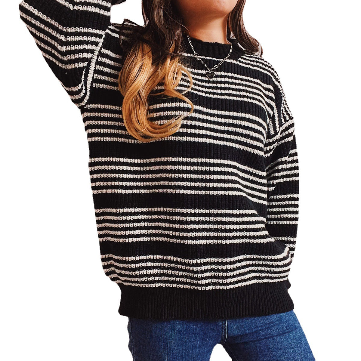 Damen lässiger Strickpullover mit breiten Streifen und überschnittenen Schultern R&B