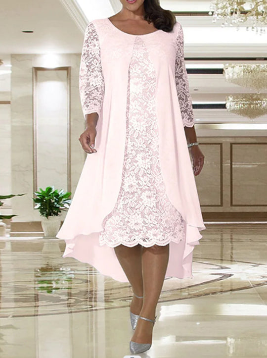 Damen nan elegantes Chiffon-Spitzenkleid mit Vokuhila-Überwurf und dreiviertelärmeln R&B