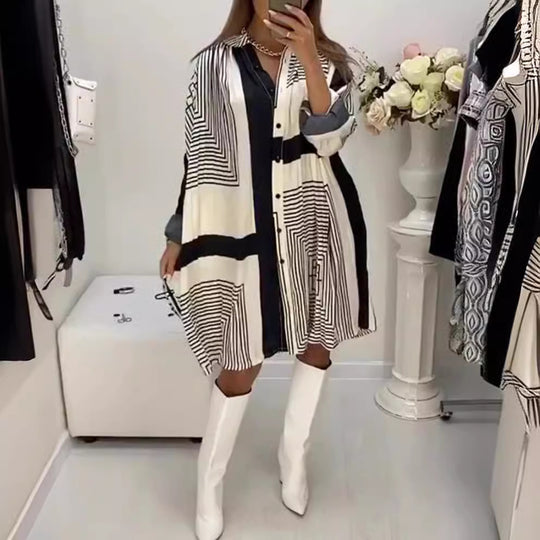 Damen nan knieumspielendes A-Linien-Hemdblusenkleid mit grafischem Linienprint, verdeckter Knopfleiste und oversized Manschetten R&B