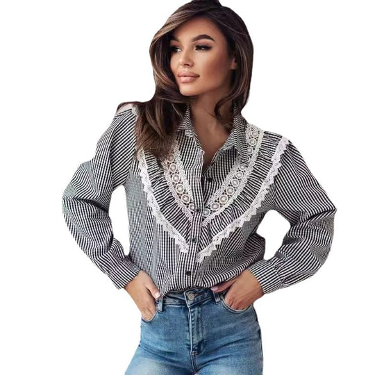 Damen Bluse mit raffinierten Spitzenakzenten und karierter Gestaltung R&B