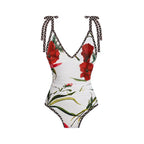 Damen Einteiler Badeanzug mit floralen Akzenten und passendem Wickelrock R&B