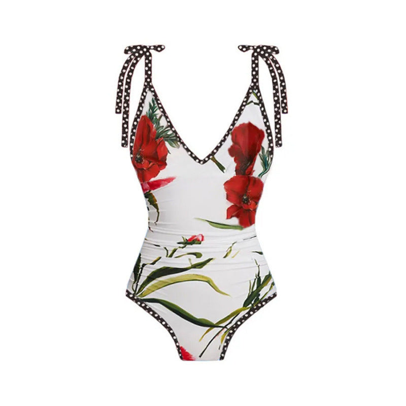 Damen Einteiler Badeanzug mit floralen Akzenten und passendem Wickelrock R&B