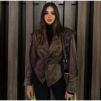 Damen modische Wildlederjacke mit tailliertem Schnitt und Bindegürtel R&B
