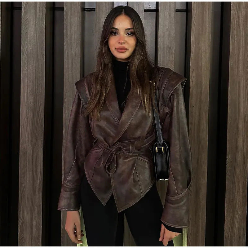 Damen modische Wildlederjacke mit tailliertem Schnitt und Bindegürtel R&B