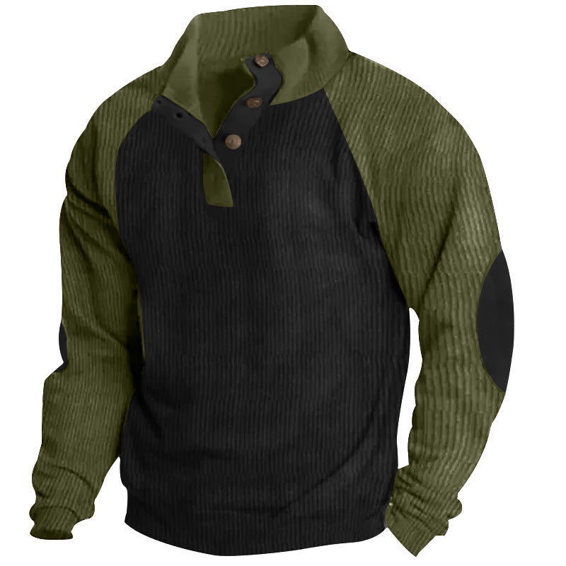 Herren nan strukturiertes Henley-Sweatshirt mit Stehkragen, Raglanärmeln und Ellbogenpatches R&B