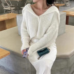 Damen lässiger Pullover mit tiefem V-Ausschnitt und strukturiertem Maschenmuster R&B