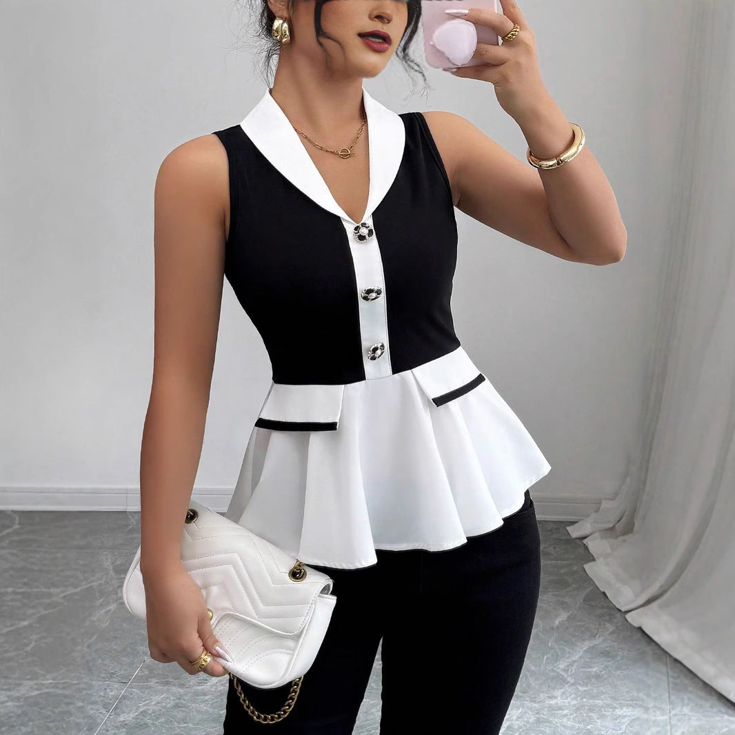 Damen Elegantes Peplum-Oberteil mit Kragen und Knopfdetaillierung R&B