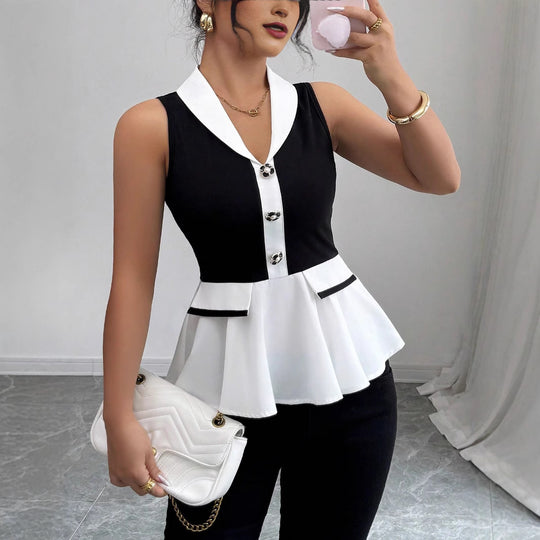 Damen Elegantes Peplum-Oberteil mit Kragen und Knopfdetaillierung R&B