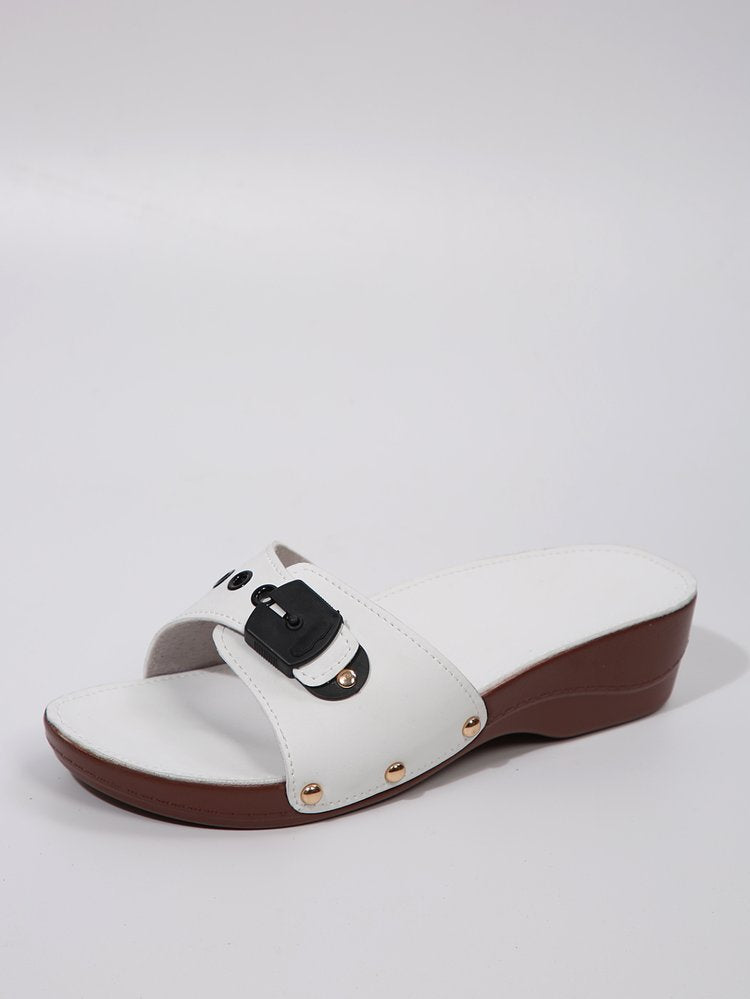 Damen nan Schlupf-Pantolette mit gepolstertem Komfortfußbett, dekorativer Schnalle und leichter Keilsohle R&B