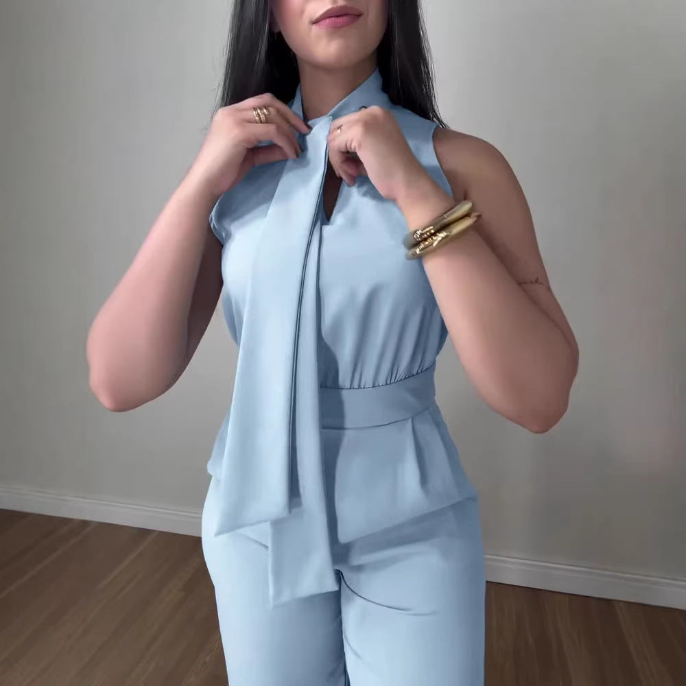 Damen eleganter Jumpsuit mit fließendem Schnitt und bindbarem Kragen R&B