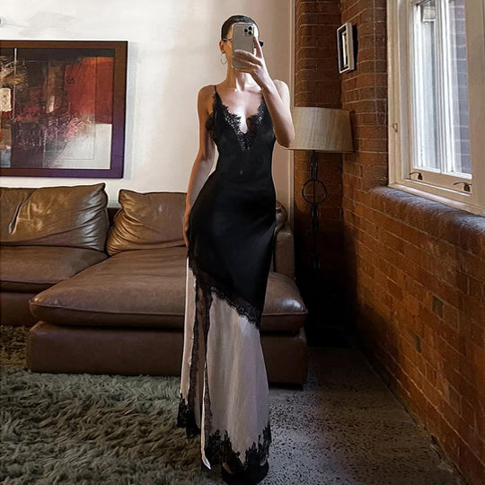 Damen elegantes Maxikleid mit Spitzenapplikationen und tiefem V-Ausschnitt R&B