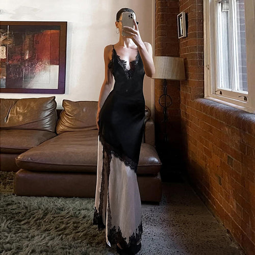 Damen elegantes Maxikleid mit Spitzenapplikationen und tiefem V-Ausschnitt R&B